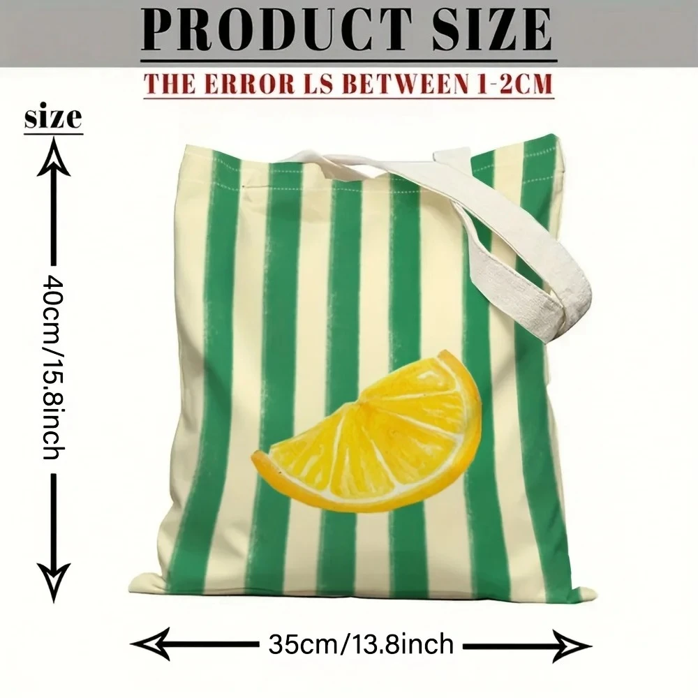 Lemon Themed Canvas Shopping Bag Green Stripe Print Portable Tote Bag For Summer Outings