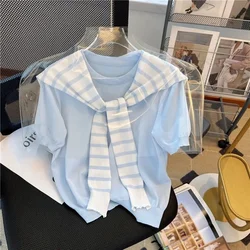 Sweet casual solid color elegant knit round neck striped slim fit pullover short sleeved sweater top