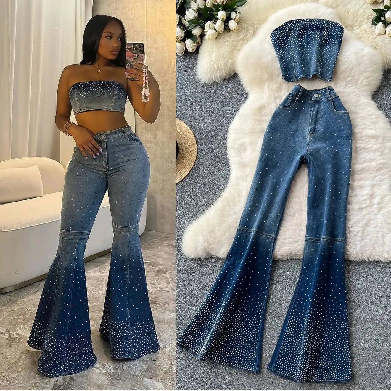 

Denim Pant Set Women Two Piece Sexy Matching Sets Sleeveless Short Tops Long Flare Pants High Waist Slim Hot Diamond