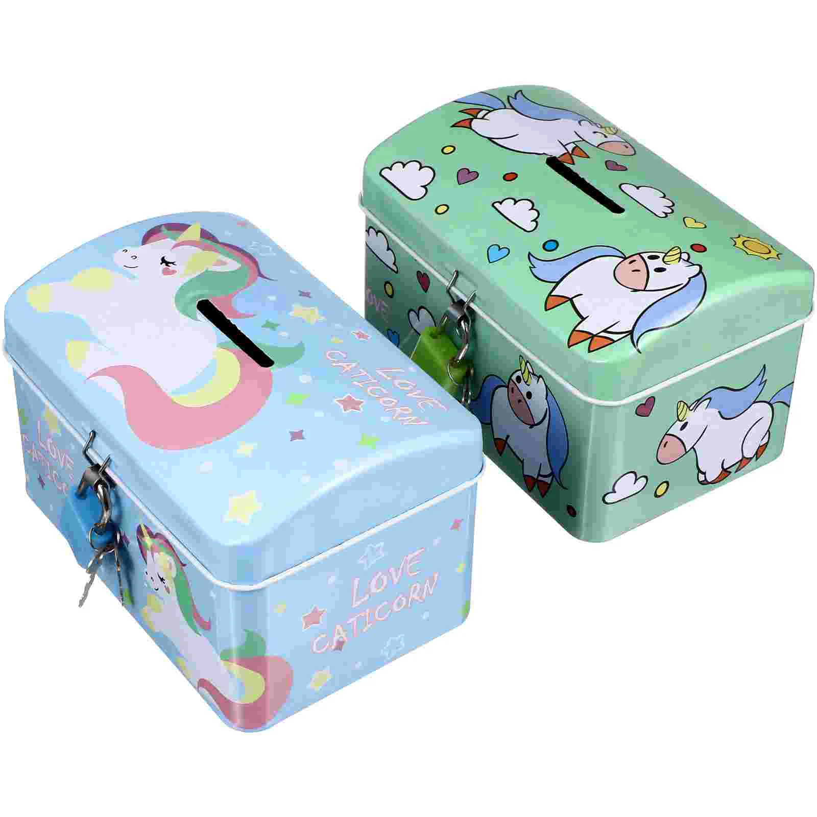 2 Pcs Lock Box Unicorn Piggy Bank Baby Animal Toys Iron Creative Money Pot Cartoon Saving