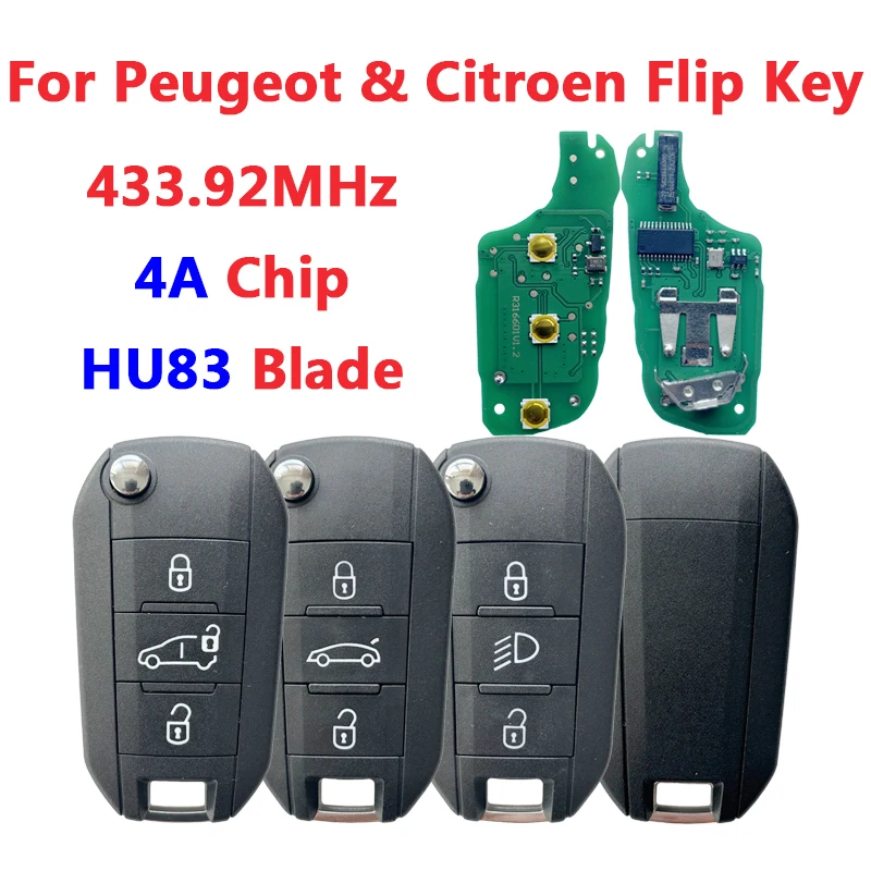 

AK009041 Aftermarket 433.92MHz FSK 4A HITAG AES For Peugeot 308 508 For Citroen C4 C5 Flip Remote Key HU83 Blade 9807343377