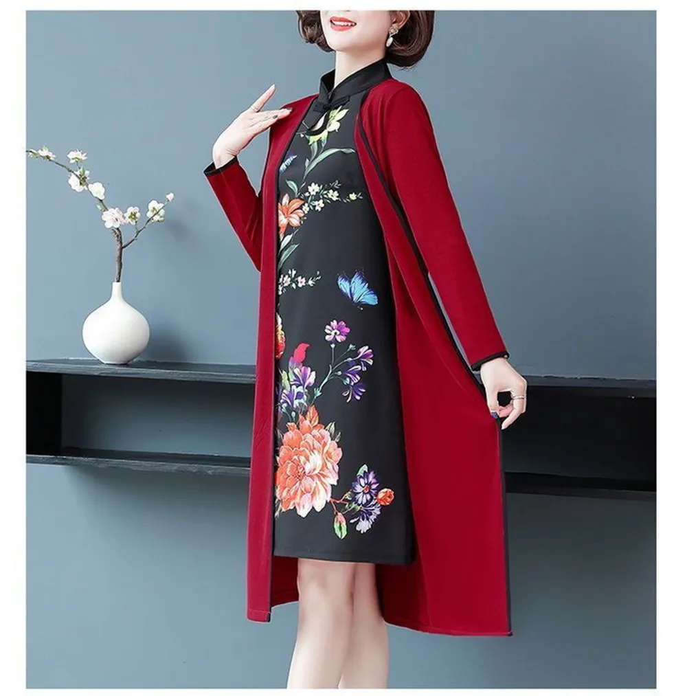 

Middle-aged women's spring and autumn two-piece dress mother cheongsam dress windbreaker noble knitting long style