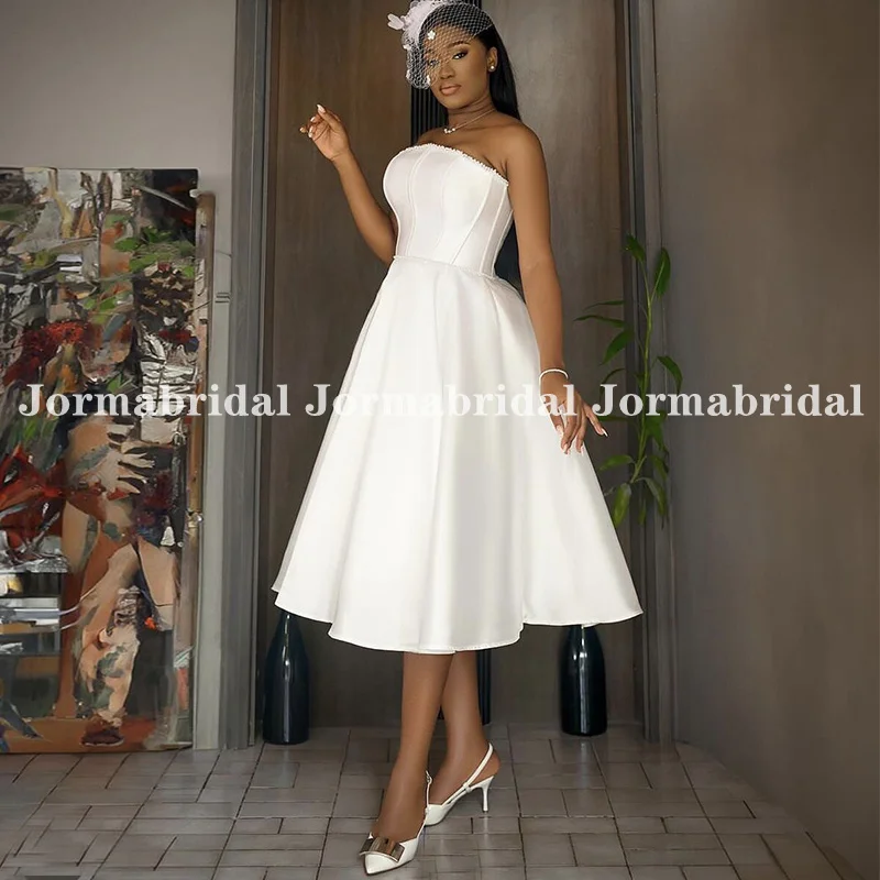 African Women Customized Short Wedding Dress Strapless Beaded Neck Exposed Boning Satin Plus Size Summer Bridal Gown Tailor Made