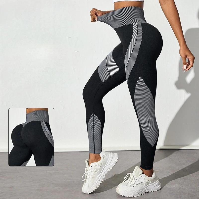 

Бесшовные дышащие контрастные штаны для йоги с высокой талией, женские узкие черные спортивные штаны для йоги в длинную полоску с подтяжкой бедер