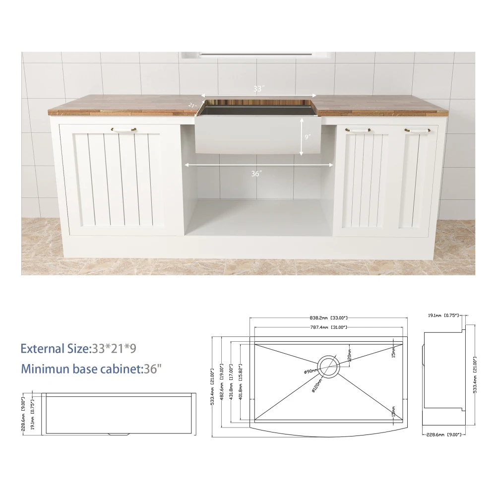 33 Farmhouse Sink Workstation - 33*21*9 Inch Kitchen Sink Stainless Steel 16 gauge Apron Front Kitchen Sink