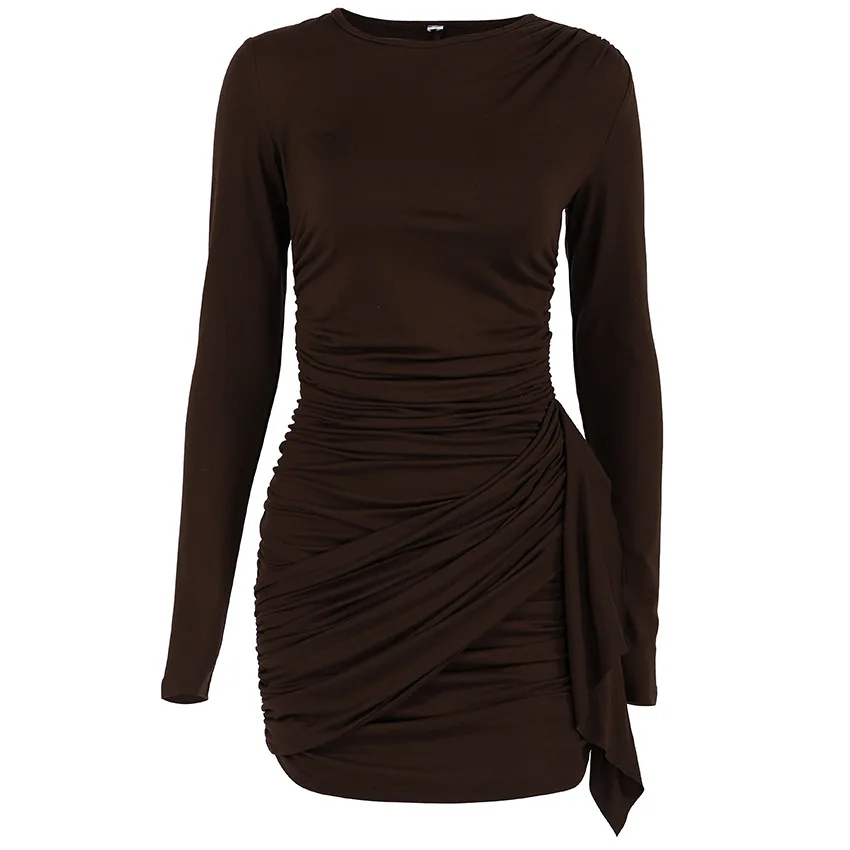 2025 Новое осенне-зимнее сексуальное модное однотонное облегающее платье со складками и длинными рукавами, облегающее женское платье