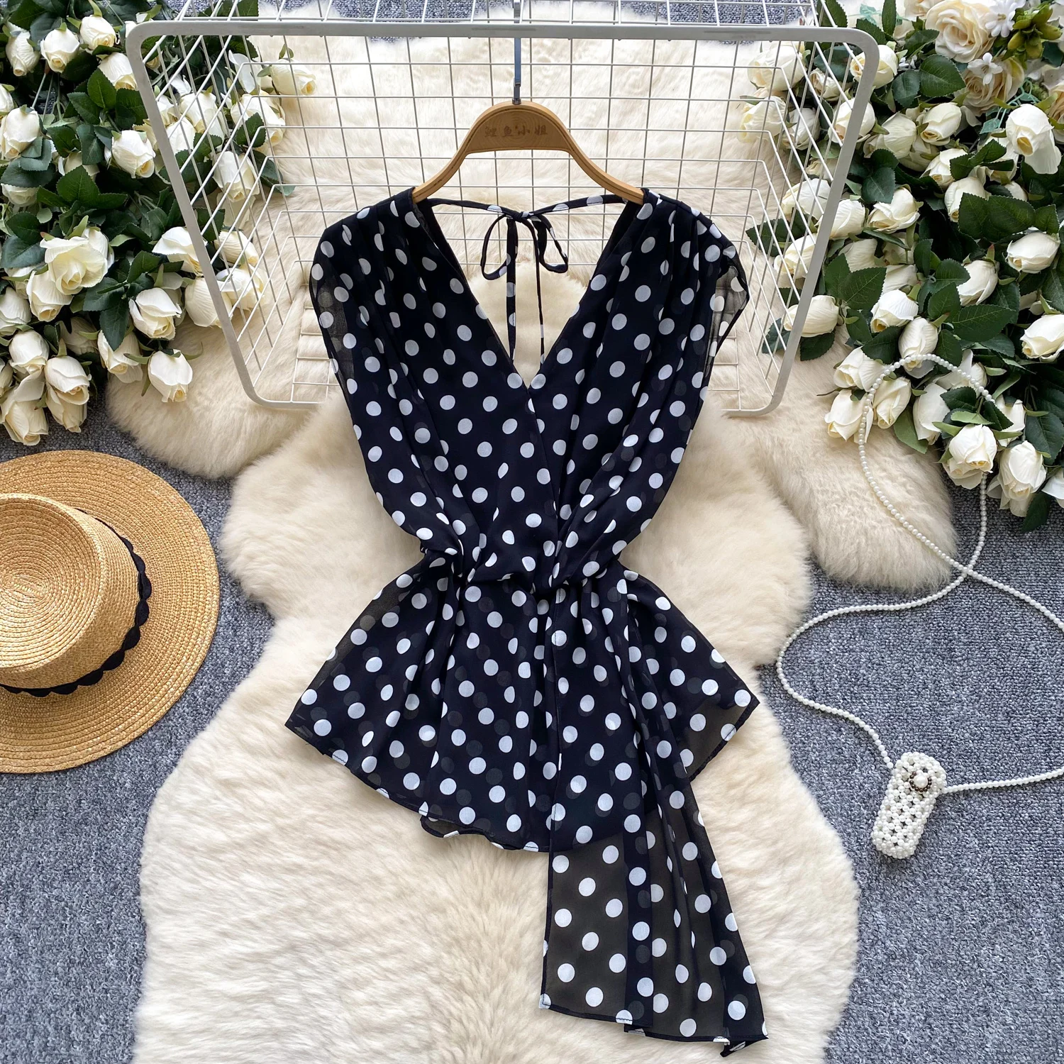 빈티지 블라우스 민소매 폴카 도트 쉬폰 슬림 우아한 패션 섹시한 여성 셔츠 여성 의류