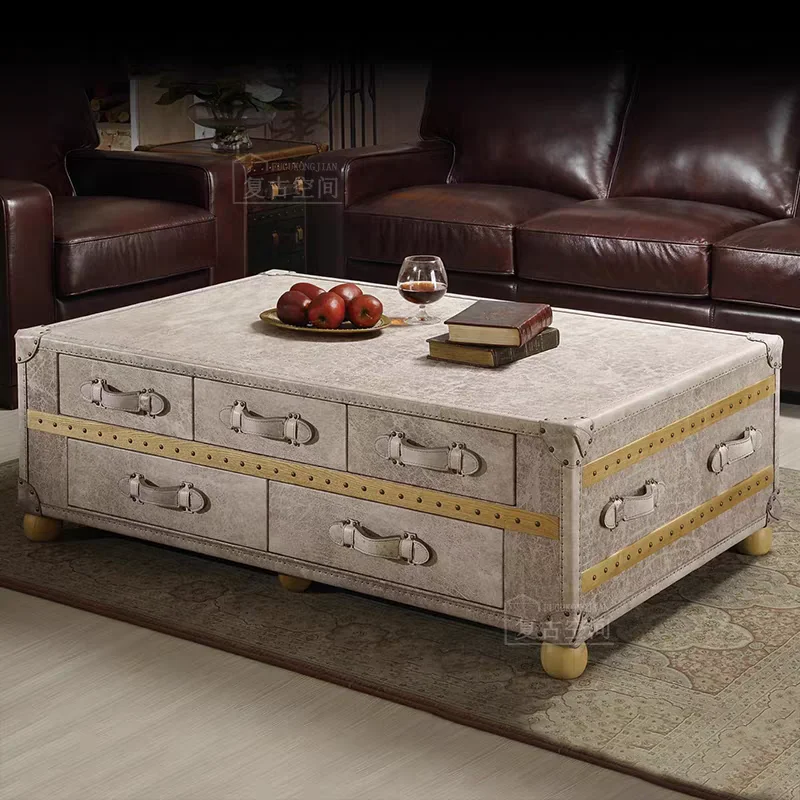 Mesa de centro estilo europeu com superfície de couro cera vintage, villa americana sala de estar charuto recepção mesa de chá