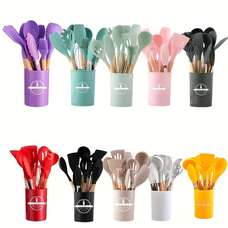 12Pcs Silicone Cooking Utensils Set For Handle Non Stick Pot Kitchenware Set Storage Bucket Resistant Accessoires kitchenware