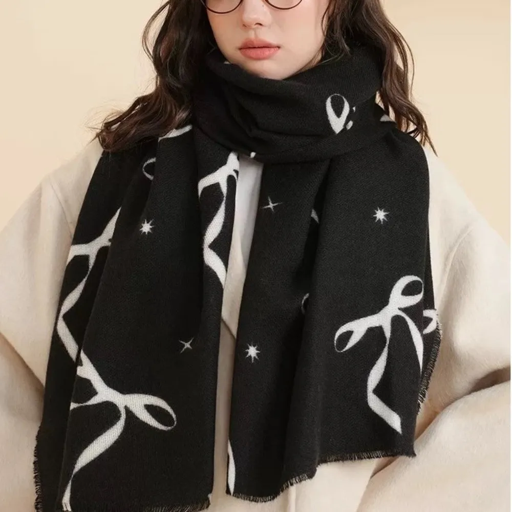 

Мягкий шерстяной шарф с бантом и принтом, морозостойкий утолщенный зимний кашемировый шарф, корейский стиль, термобелье, женская кашемировая шаль, аксессуары для пальто