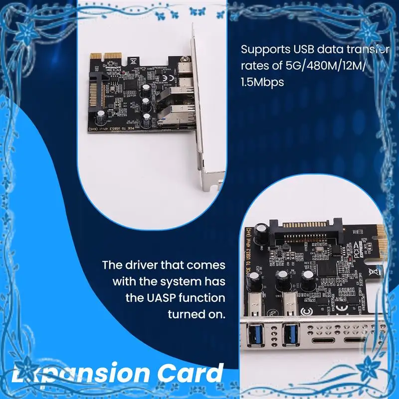 

Карта расширения PCI Карта PCIE 4-портовая (тип C + A) Карта расширения USB 3.2 5 Гбит/с Высокоскоростной концентратор без драйверов для настольного компьютера
