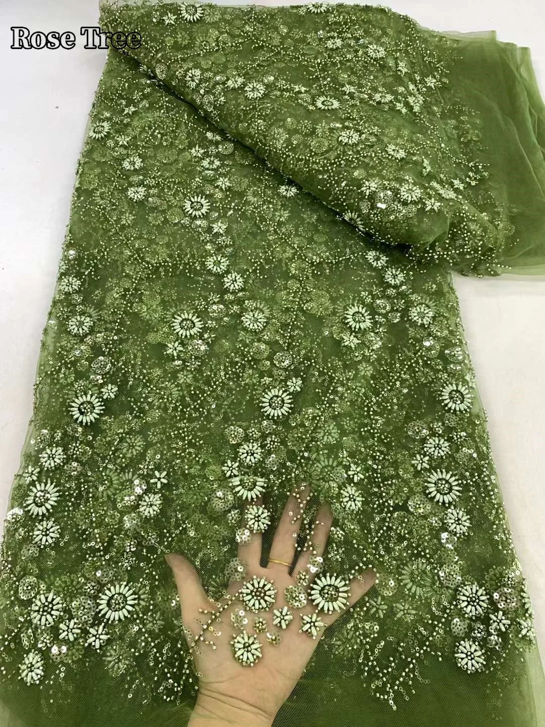 

Green 2024 Luxury Handmade Beaded Gigh Quaity French Lace Fabric Sequin Embroidery Tulle Fabric for Women dress