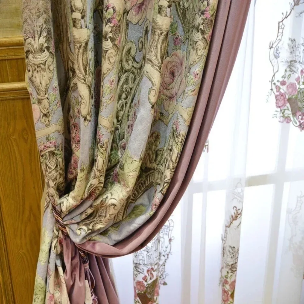 European Luxury Blackout Retro Print Embroidered Curtains For Living Room Bedroom Dining Romantic Grace Decor Custom Size Tulle