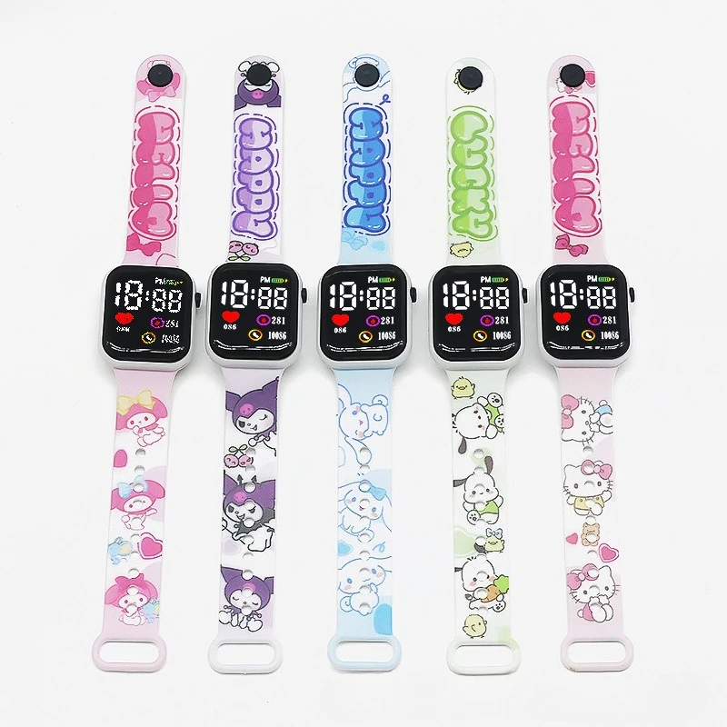 Hello Kitty Mädchenuhr Sanrio Kinderuhren Jungen Neuer Stil Cartoon Gedruckt LED Digital Armbanduhr Modische quadratische Armbanduhr