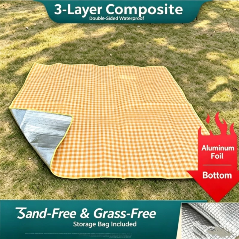 Thick Aluminum Foil Picnic Mat Double Waterproof Sandproof Moisture Proof Foldable Outdoor Camping Beach Mat W/ Storage Bag