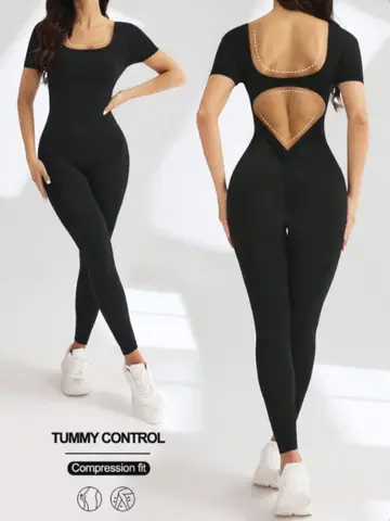 One piece seamless spandex U-neck short sleeved bodysuit with hip lifting, gym clothing, women's fitness jumpsuit