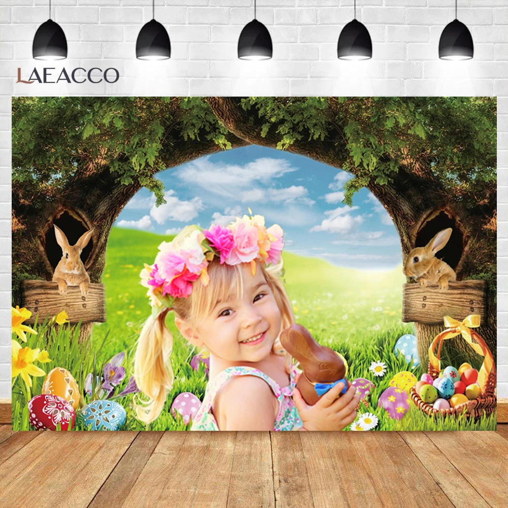 Spring Easter Sunday Backdrop Old Tree Rabbit Flowers Grassland Colored Eggs Background Newborn Bunny Portrait Photography Prop