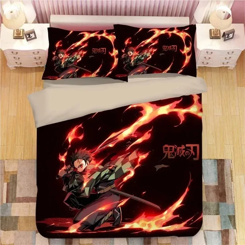 Demon Slayer Bedding Sets Cartoon Comforter Bed Linen Boys Kids Single Double Size Soft Bedclothes Home Decor Anime Duvet Covers