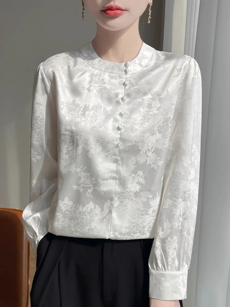 Spring 2025 New Sle Chinese National Faion Satin Print irt Long Sve Versatile Faionable Button up High End Feeling
