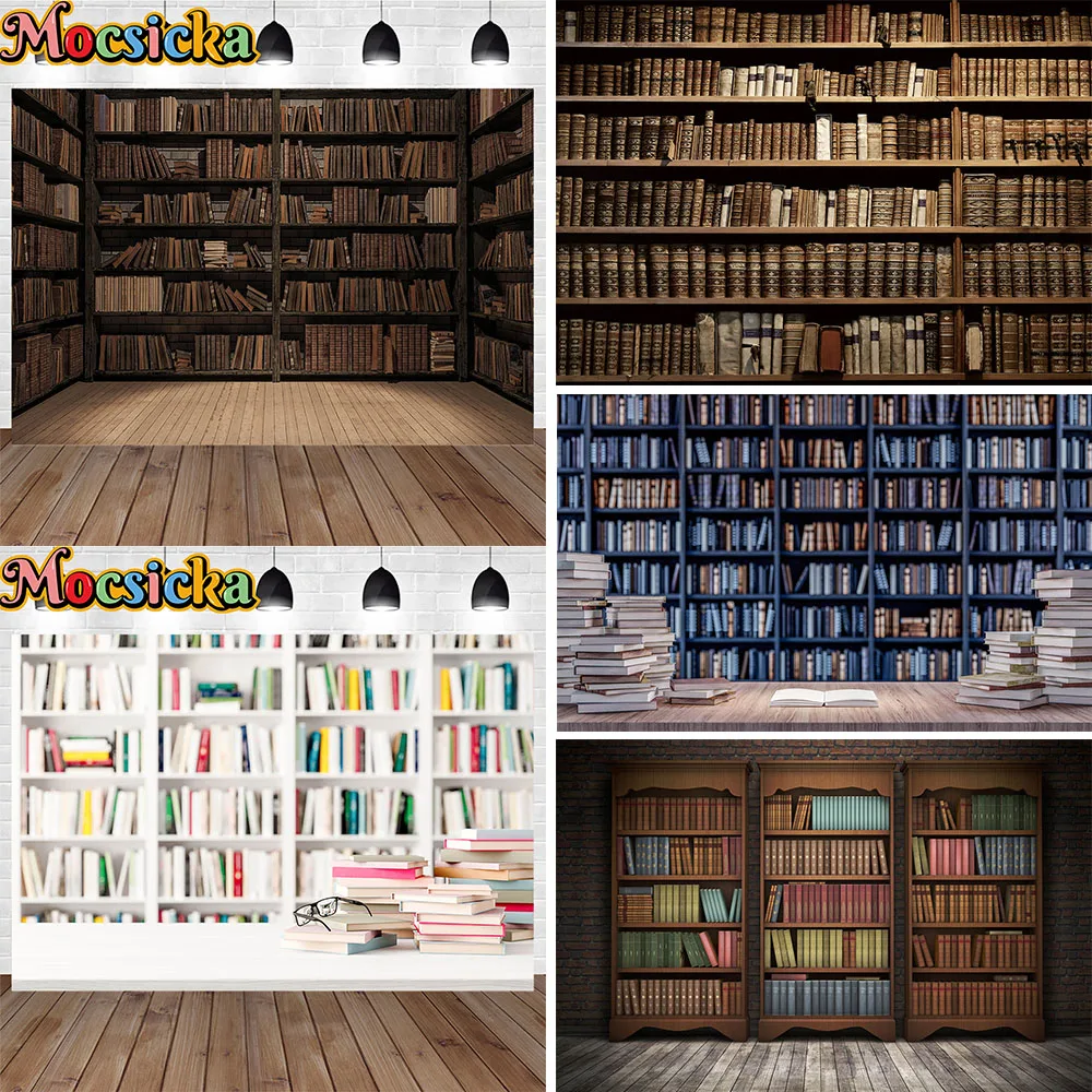 Mocsicka Vintage Bookcase School Studio Photography Background Props Back to School Festival Party Celebrate Decoration Backdrop