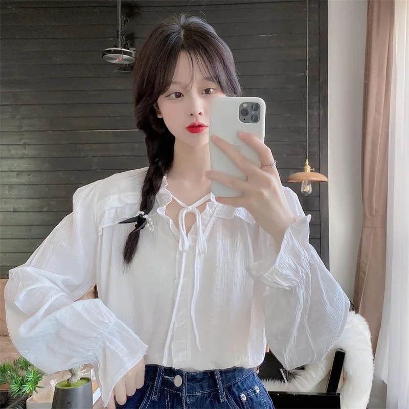 

Sweet Ruffles V-neck Blouse For Women Spring Summer Loose Long Sleeve Lace-up Shirts Woman All-match Kawaii White Shirt