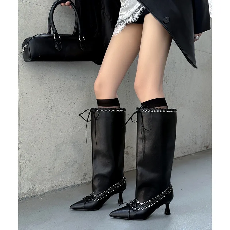 

New Spring/Autumn Split Leather Women Boots Pointed Toe Boots for Women Fashion Hollow-out Knee-high Boots High Heels Handmade