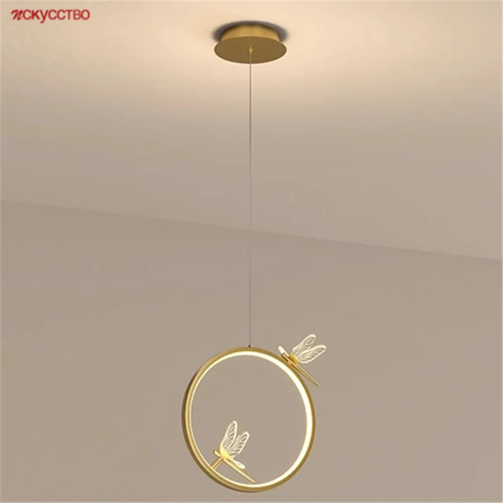 Nordic Luxury Circular Dragonfly Gold Black Led Pendant Lights Kitchen Dining Table Interior Decoration Accessories Lamp Fixture