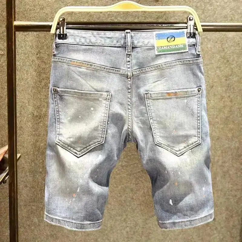 

2026 New Scratched Denim Shorts Men's Trendy Brand Slim-fitting Pants Summer Light-colored Paint Point Straight Short Pants
