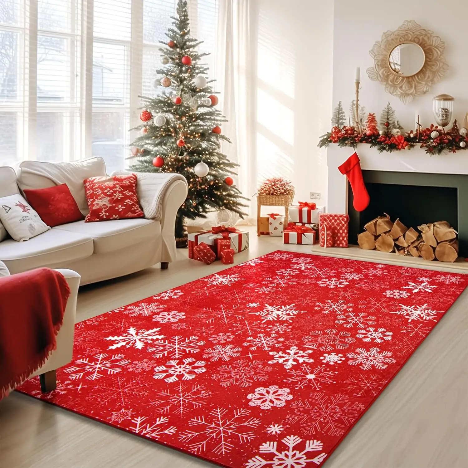 Christmas Reindeer Washable Area Rug, Non-Slip Snowflake Diamond Low Pile Mat for Living Room Bedroom Entryway Holiday Decor