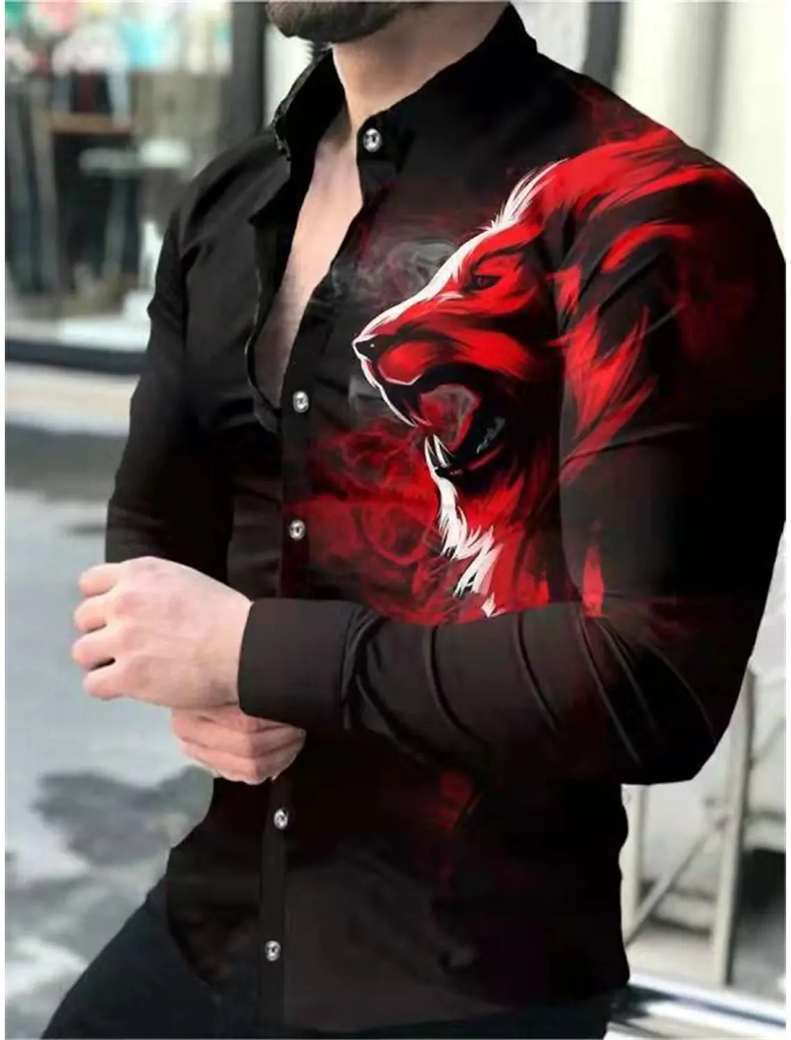 Camisa con estampado 3D De León para hombre, camisa de manga larga con botones, ropa transpirable de diseñador de moda