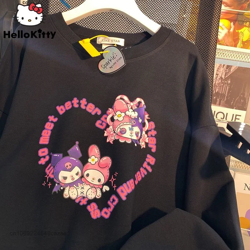 Sanrio Melody Kuromi Roupas Novas Casais Moda Moletons Mulheres Homens Algodão Soft Tops Camisa Y2k Em Torno Do Pescoço Solto Pullovers