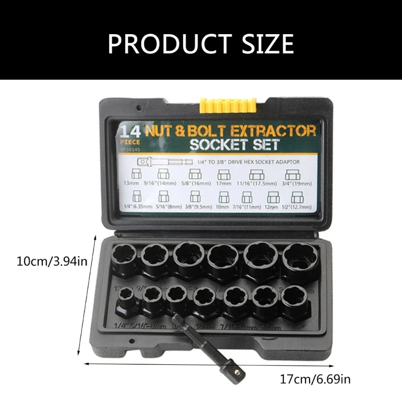 14Pcs Bolt Extractor Set Bolt & Nut Remover Stripped Lug Remover Extraction Socket Set for Removing Damaged