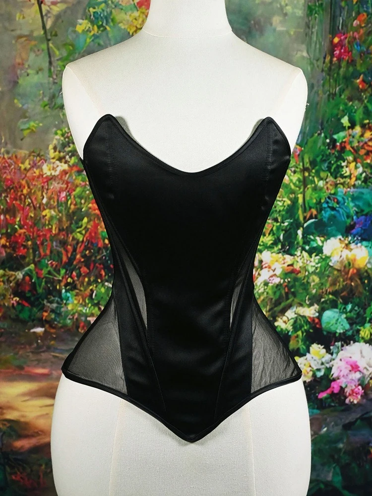 

SsTss Black Body Shaping Corset Top for Women Strapless Hollow Out Sheer Mesh Satin Patchwork Lace-up Back Skinny Boned Bustier
