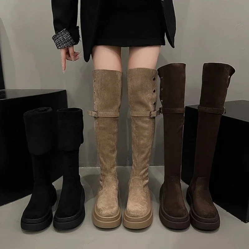 Versatile Brown Over The Knee Boots Women 2026 Summer Chunky Platform Slim Fit Tall Boots for Short Girls