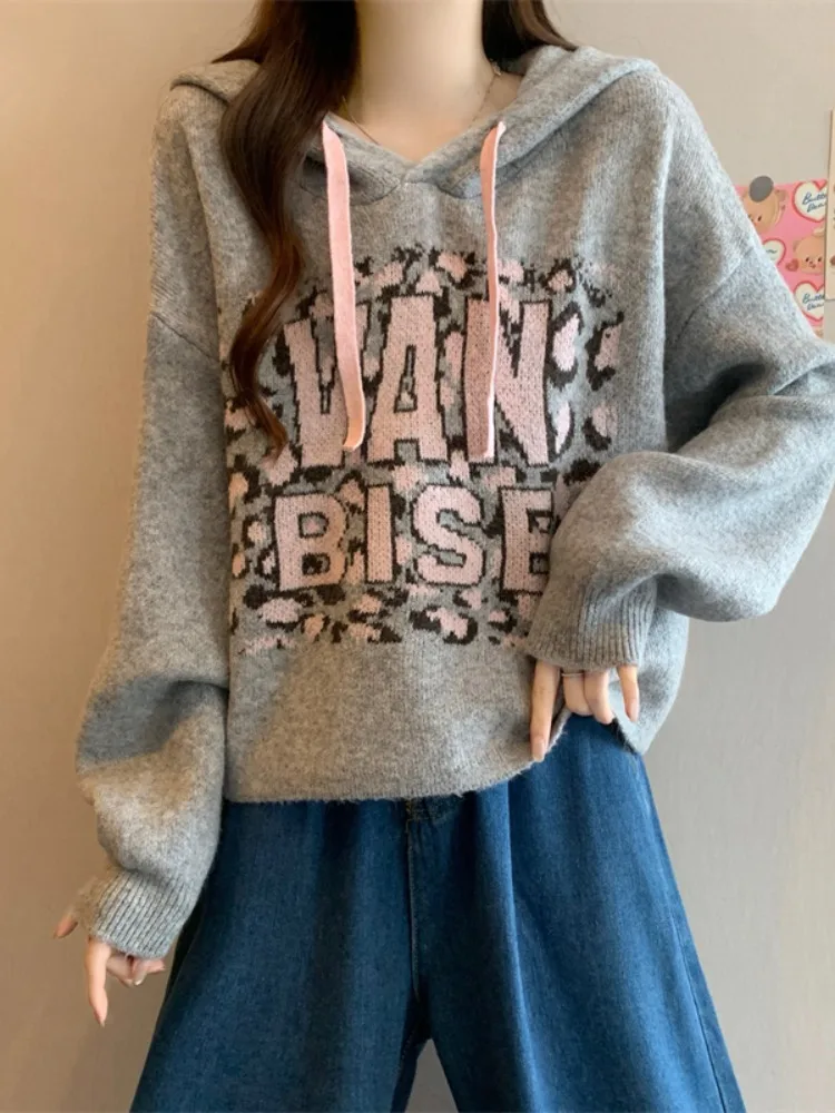 

Американский вязаный свитер-худи для женщин на осень-зиму с буквенным принтом, повседневный, стильный, уютный, верхняя одежда