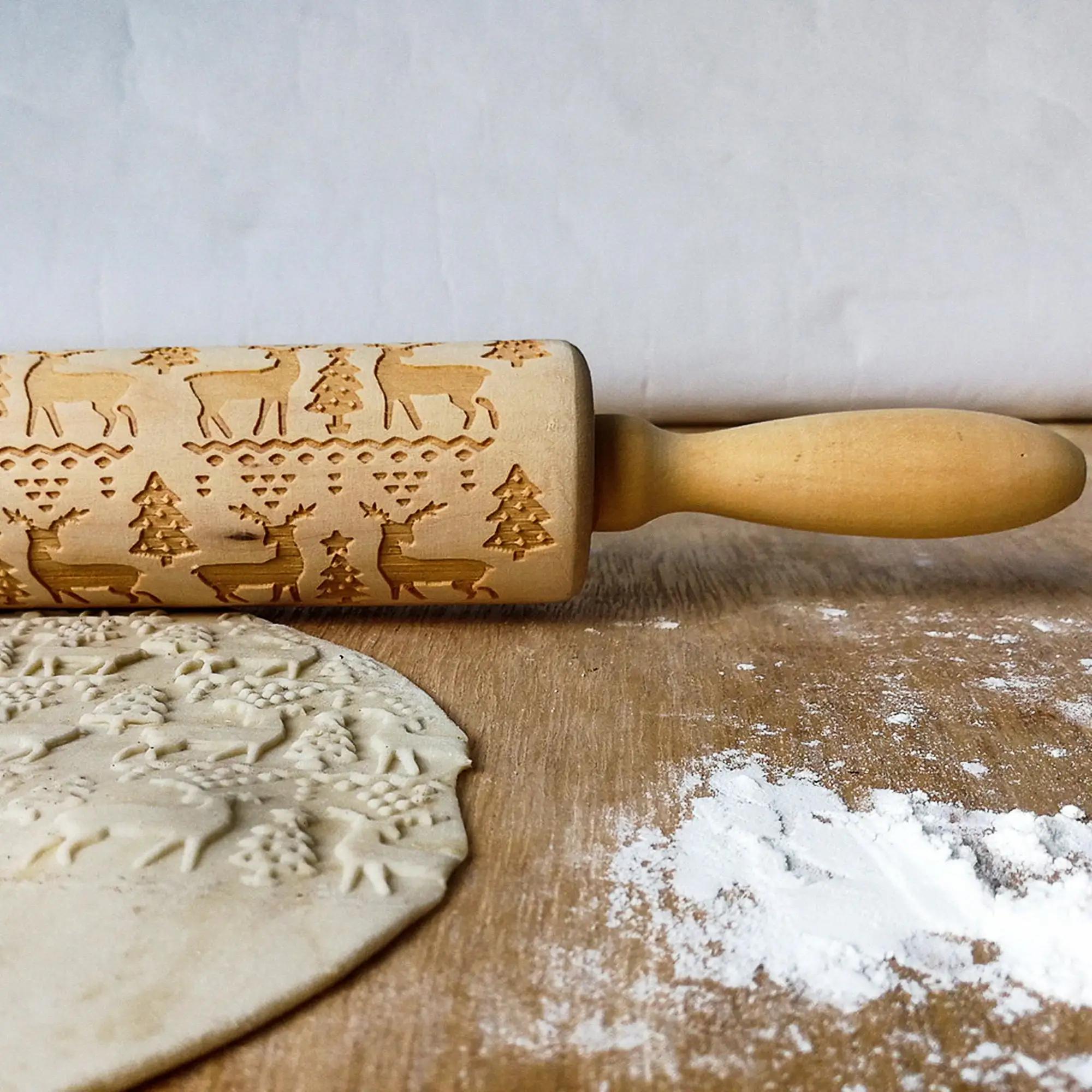 printing Rolling Pins Rock Snowflake Elk Wooden  Embossing Baking Cookies Biscuit Fondant Cake Patterned Roller 35*4.5cm