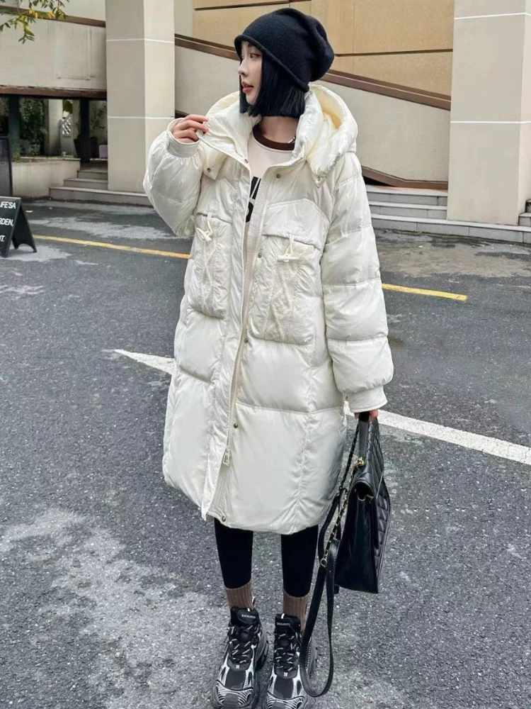 White Duck Down Coat for Women, Medium Length Knee Down Jacket Hooded Parka Cow Horn Buckle Hundred Casual Fashion New, 90, 2024