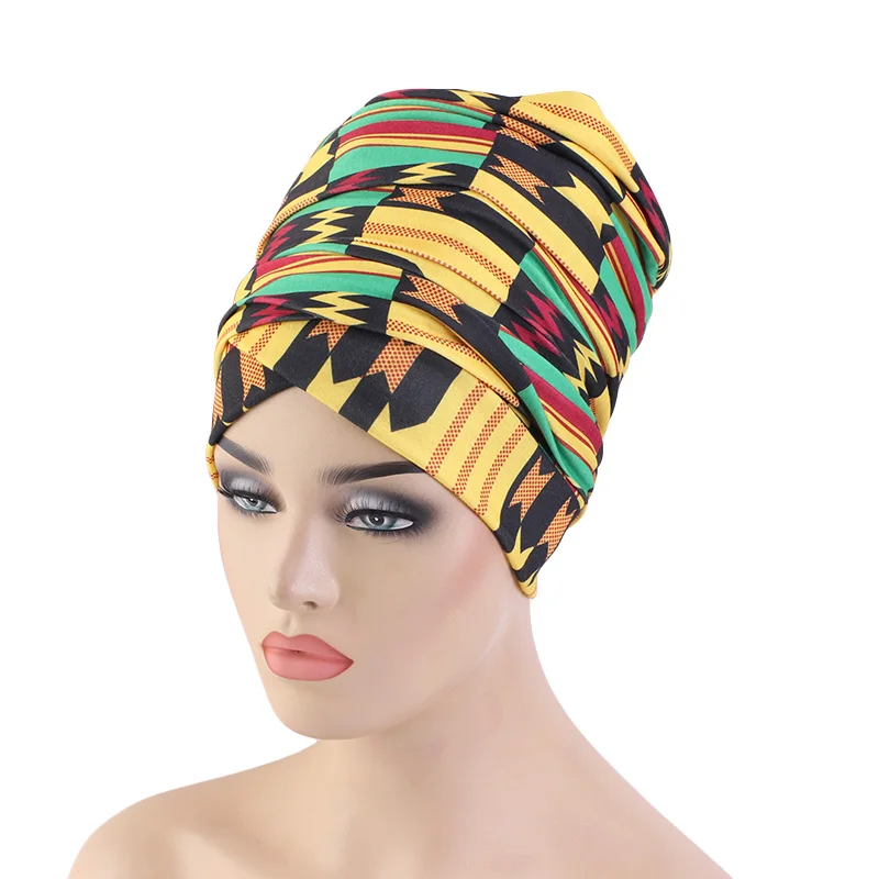 New Women African Pattern Print Elastic Headscarf Stretch Headband Long Tail Head Wrap Muslim Hijab Bonnet Bandanas Chemo Cap