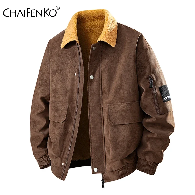 Men Retro Solid Fleece Keep Warm Coat New Comfortable Casual Lapel Parka Winter Fashion Simplicity Thicken Leather Jacket Men