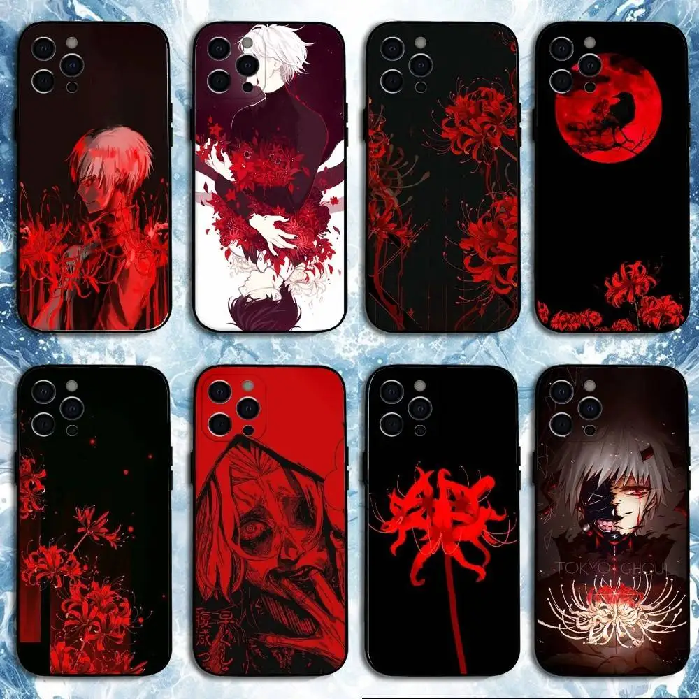 

T-Tokyo G-Ghoul Red spider lily Phone Case For iPhone 16,15,14,13,12,11 Plus,Pro Max, Soft Silicone Black Cover
