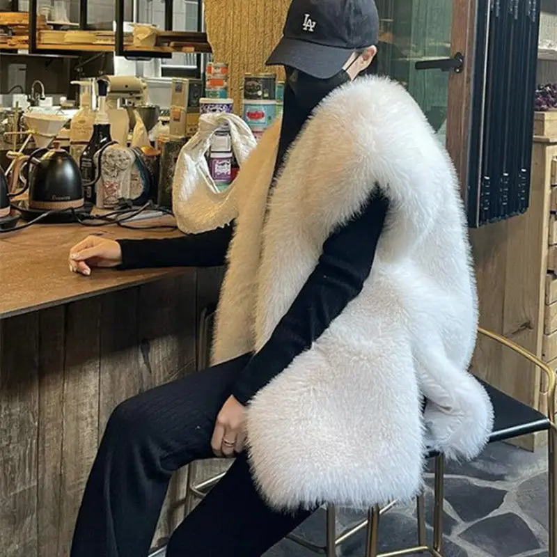 Chic Faux Mink Fur Vests Thickened Autumn Winter Imitation Fox Hair Waistcoat Mid Length Sleeveless Furry Tanks Cardigan Tops