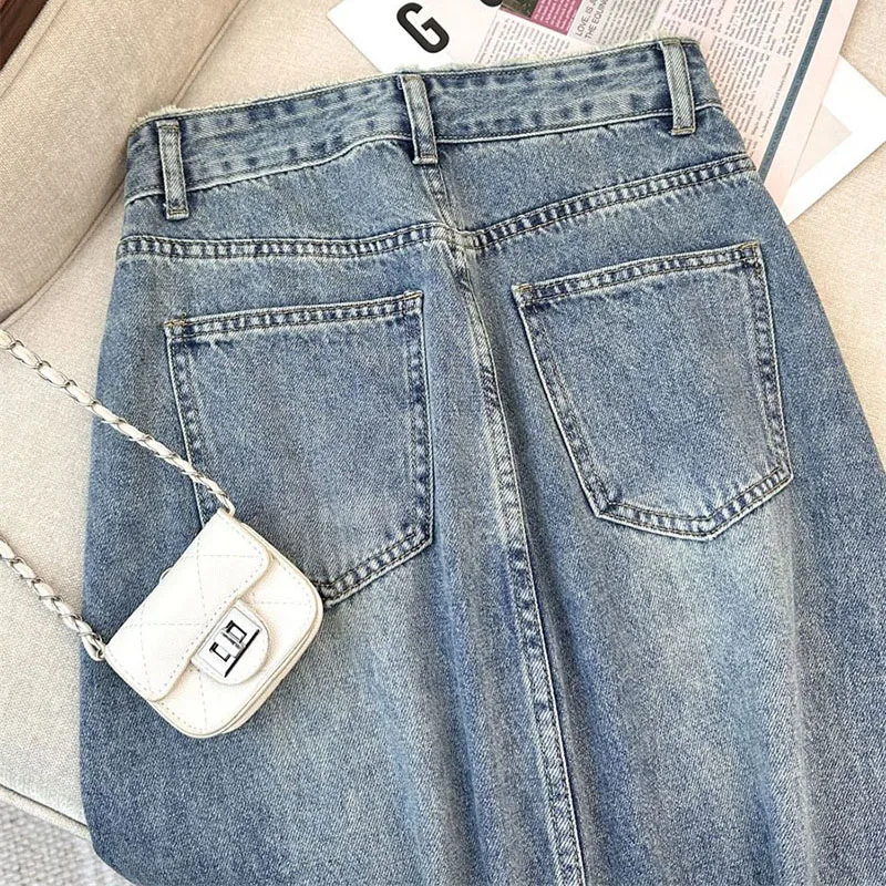 Vintage Denim Skirts for Women High Waist Pocket Long Skirts Ladies Casual A-Line Midi Skirts S-5XL Plus Size Women's Clothing