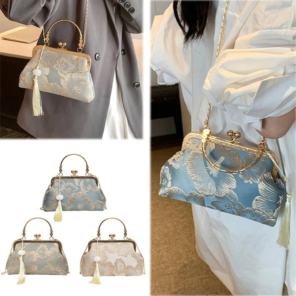 

Women Embroidered Shoulder Bag Kiss Lock Elegant Handbag Large Capacity Stylish Crossbody Bag Date Shopping Travel Handbag