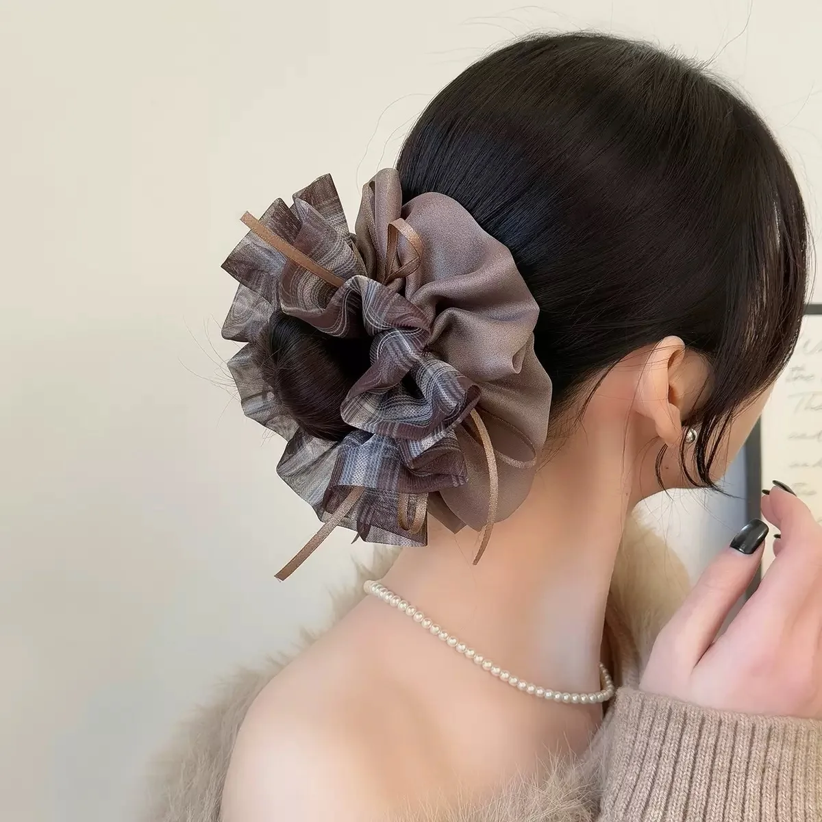Vintage Karierte Organza-Haarschleife - Elegante Doppellagige Haarschleife mit Banddetails, Ein Femininer Haaraccessoire – Detail 3