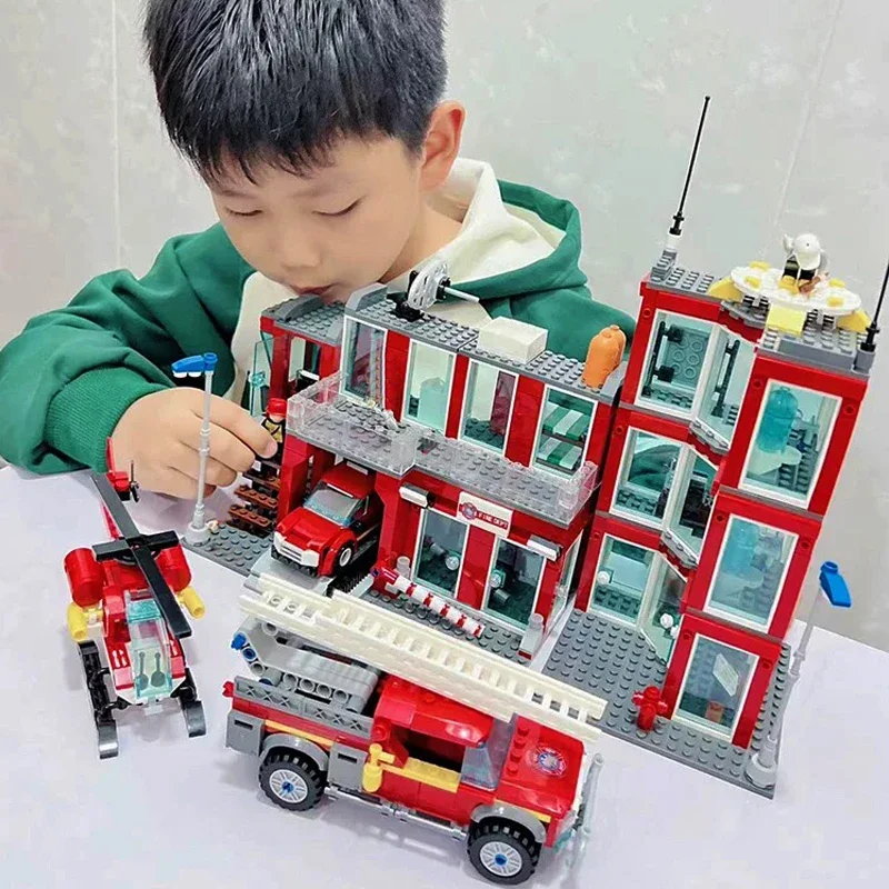 Street View Fire Department Building Blocks City Fire Engine Tracked Water Cannon Vehicle Model Bricks Toys For Boy Xmas Gift