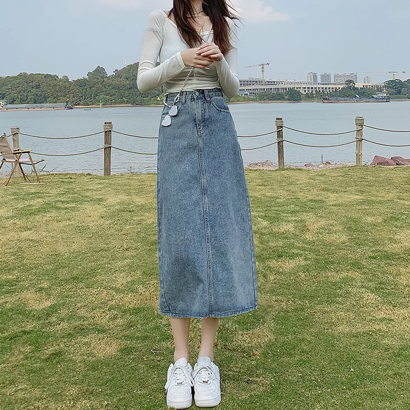 High Waist Mid-Length A-Line Straight Tube Skirt Women's Denim Split Spring New Style Loose Fit Korean Style Commute Pure Color
