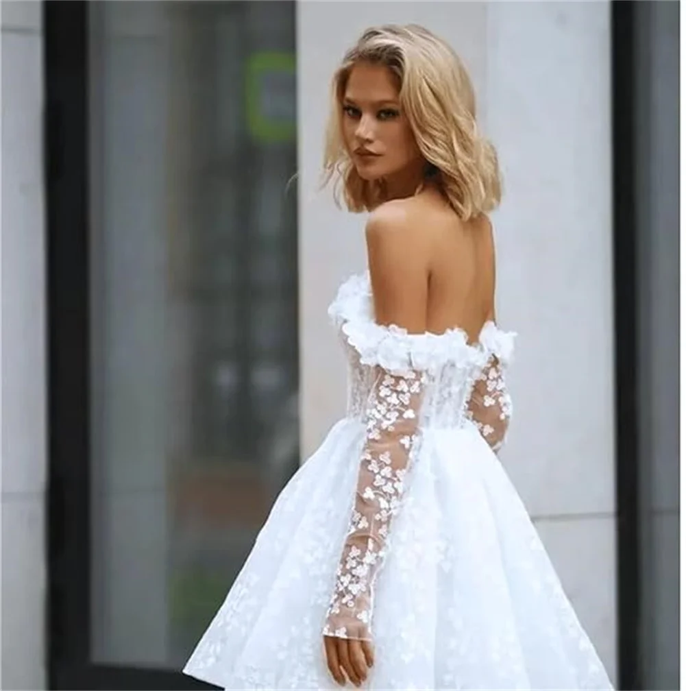 فساتين زفاف قصيرة مخصصة بدون أكتاف وأكمام طويلة قابلة للانفصال للعروس زهور ثلاثية الأبعاد مزينة بالدانتيل فستان زفاف صغير بوهو