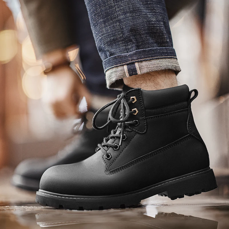 Maden Męskie Czarne Buty Nowe Zimowe Pluszowe Podszewki Ciepłe Buty Retro Antypoślizgowe Grube Podeszwy Buty Robocze Outdoor Casualowe Buty do połowy łydki