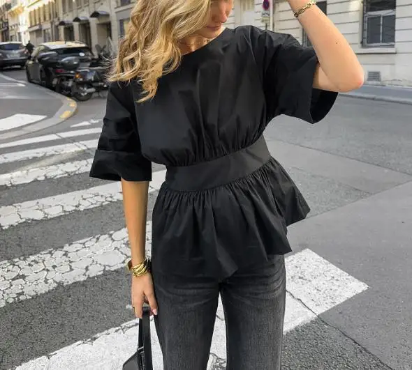 

2025 Spring - Summer New! Pure Cotton Short - Sleeve Backless Lace - Up Blouse for Women