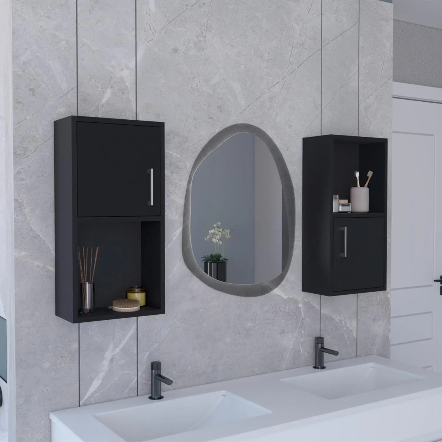 Oba 2-Pc Wall-Mounted Bathroom Medicine Cabinet with Open and Closed Storage Black